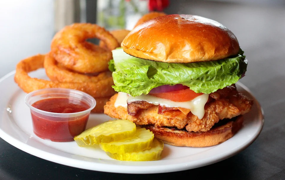 Garland Mountain chicken sandwich and onion rings
