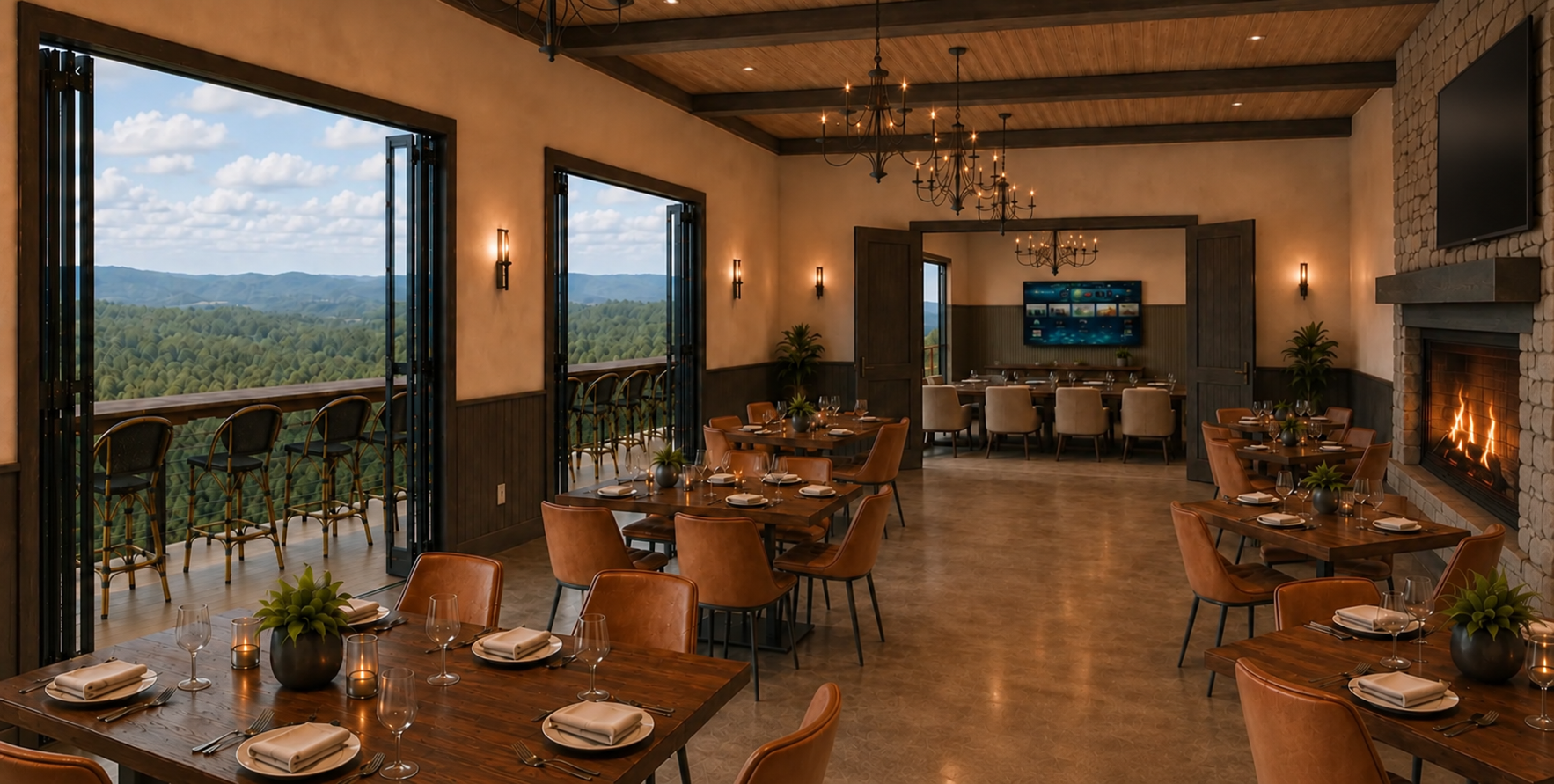 Mountain View Room with a large TV above the fireplace and open doors to the Terrace Room